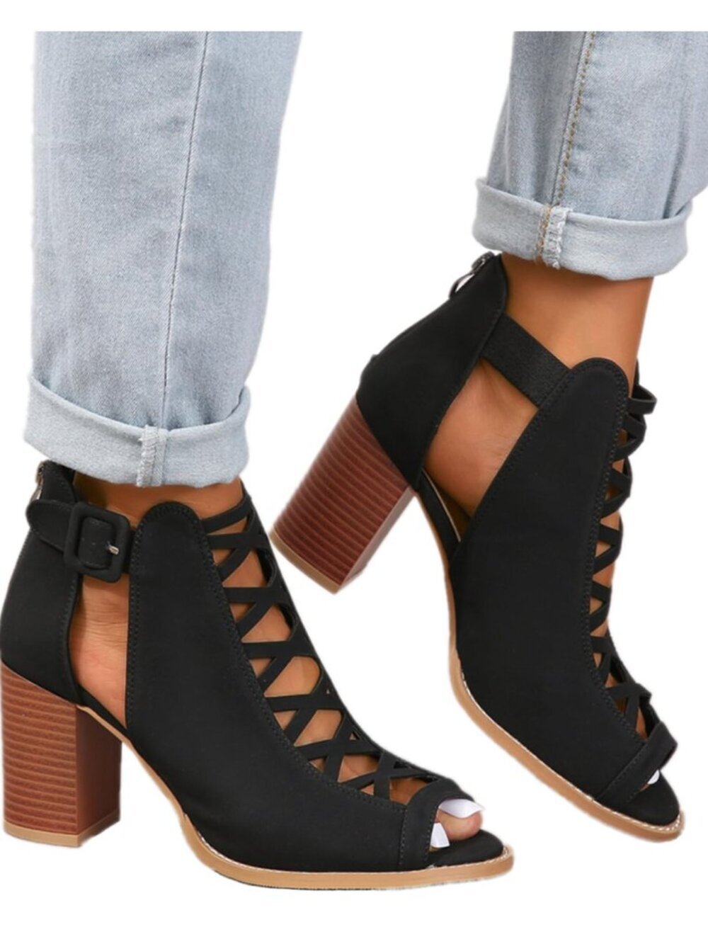 🆕 Womens Peep Toe Sandals Summer Buckle Cutout Dress Booties Chunky High Heel
